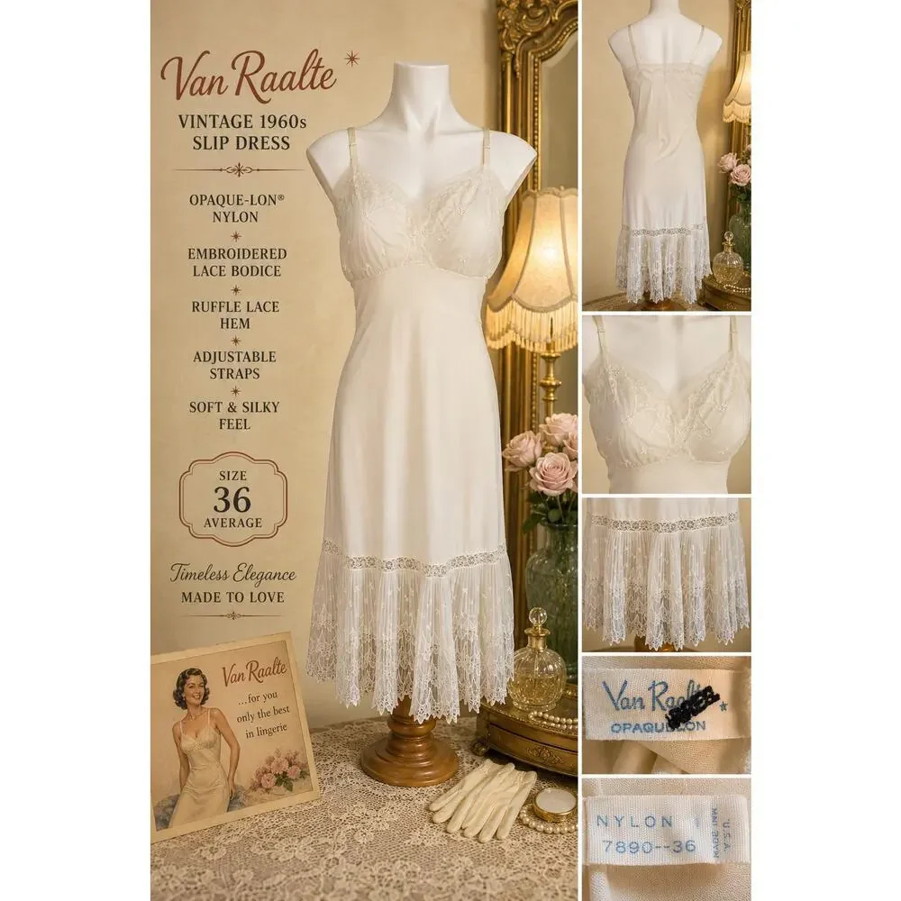 Van Raalte Vintage Ivory Nylon Slip Dress Embroidered Lace Ruffle Hem 60’s Sz 36